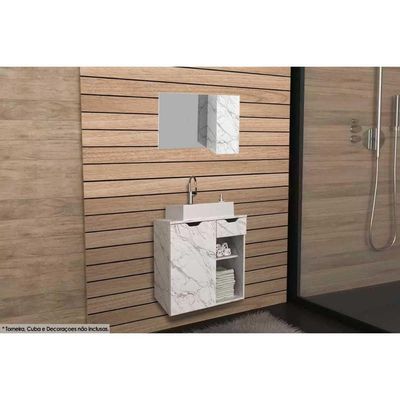 Armário C/ Balcão Banheiro Suspenso Bn3605 S/ Cuba 60cm E Espelho Mármore Branco Tecno Mobili