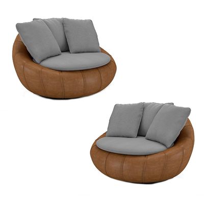 Kit 2 Poltronas Giratória Sala de Estar com Almofadas Afrodite Cinza Caramelo Manchado Linho/PU G45 - Gran Belo