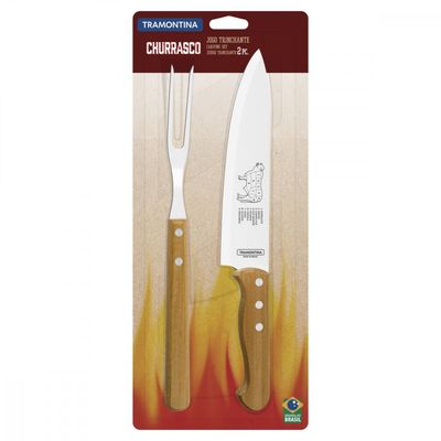 Jogo Trinchante Tramontina Churrasco com Laminas em Aço Inox e Cabos de Madeira Natural 2 Peças