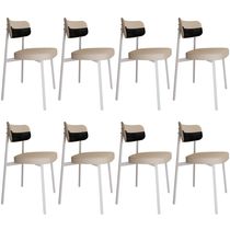 Kit 08 Cadeiras Estofada Para Sala de Jantar Astrid Branco C01 Linho Areia Courino Preto - Lyam Decor