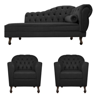 Kit Diva Recamier Diana 185Cm Lado Esquerdo E 02 Poltronas Julia Suede - Doce Sonho Móveis Preto