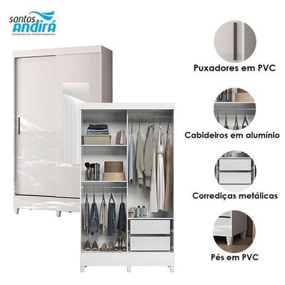 Guarda Roupa Solteiro 2 Portas De Correr Com Espelho E Pés Fit Branco Brilho - Santos Andirá
