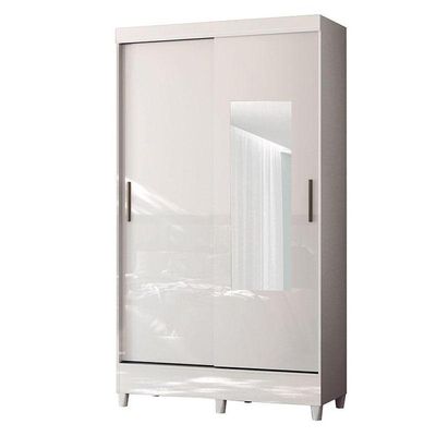 Guarda Roupa Solteiro 2 Portas De Correr Com Espelho E Pés Fit Branco Brilho - Santos Andirá