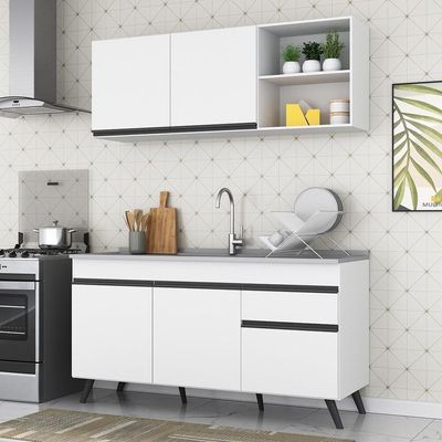Armário De Cozinha Compacta 150cm Veneza Multimóveis V2079 Branco/preto Branco/preto