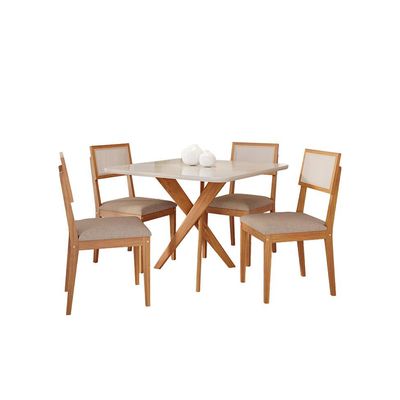 Conjunto de Mesa Quadrada com Tampo de Vidro Off White Cacau e 4 Cadeiras Encanto Revestimento Sintético Marrom e Cinamomo