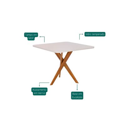 Conjunto de Mesa Quadrada com Tampo de Vidro Off White Cacau e 4 Cadeiras Encanto Revestimento Sintético Marrom e Cinamomo
