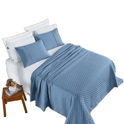 Kit Cobre Leito Colcha Nobre Casal Padrão 3 Peças Micropercal 200 Fios Matelado - Azul Serenity