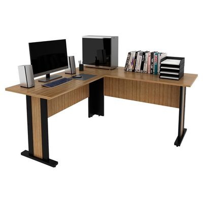 Mesa Escrivaninha De Canto Para Escritório 160 Cm Me4195 Amendoa Preto Tecno Mobili Amendoa Preto