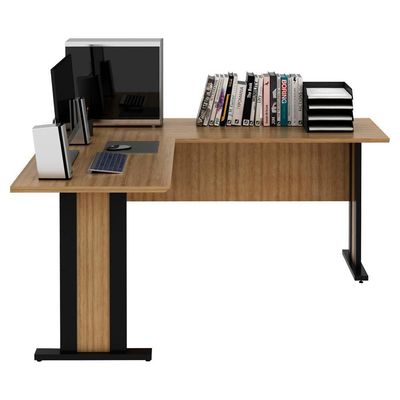 Mesa Escrivaninha De Canto Para Escritório 160 Cm Me4195 Amendoa Preto Tecno Mobili Amendoa Preto