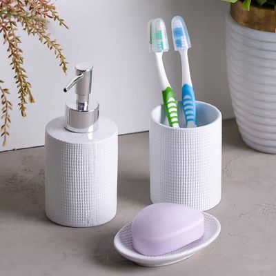 Conjunto para Banheiro Lille 3 Peças (Porta-Sabonete Líquido, Saboneteira e Porta-Escovas) Cerâmica Lyor Branco