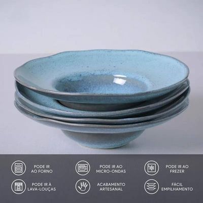 Conjunto com 4 Pratos para Massa Orgânico Breeze em Stoneware 28cm Porto Azul