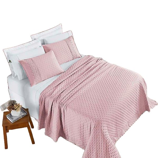 Kit Cobre Leito Colcha Nobre Queen 3 Peças Micropercal 200 Fios Matelado - Rosa Blush
