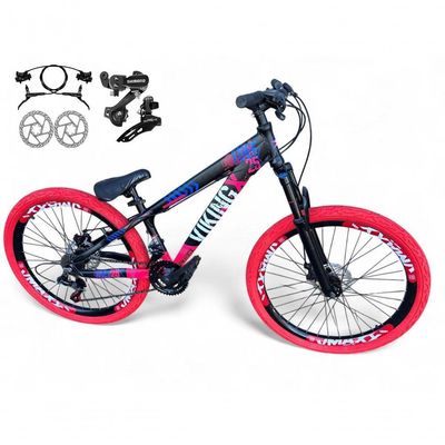 Bicicleta Aro 26 Vikingx Tuff Câmbios Shimano Freio Hidráulico 21v Freeride Aro Vmaxx Flame preto-rosa X25