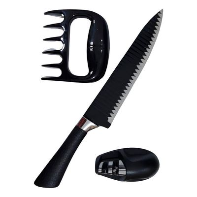 Kit 3 Peças Para Churrasco Faca Garra Amolador Preto
