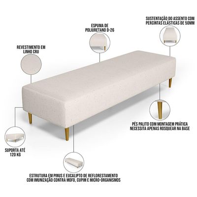 Kit 02 Puffs Decorativo Sala de Estar Bali W01 Pés Palito 190x60cm Linho Cru - Lyam Decor
