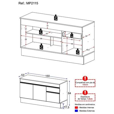 Balcão Cozinha Gabinete Pia 150 Cm 3 Portas 1 Gaveta Branco