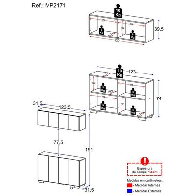 Kit Armário Cozinha Aéreo Balcão 4 Portas Mp2171 Rustic/branco