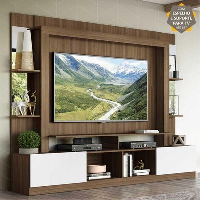 Rack com Painel Suporte Tv 65´´ com Espelho Madeirado/Branco