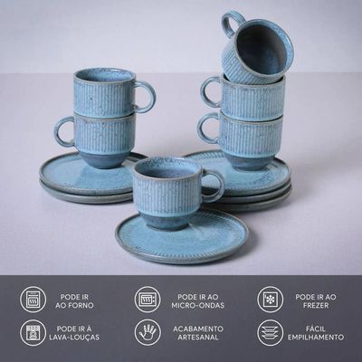 Conjunto com 6 Xíxaras e Pires para Chá Linhas Breeze 230ml Porto Brasil Azul