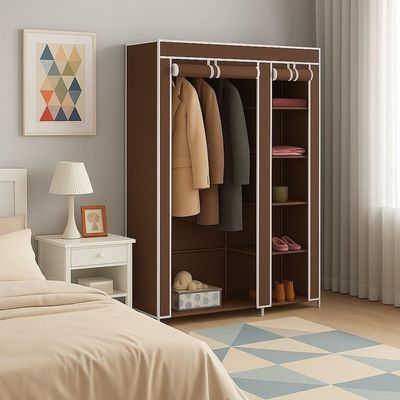 Guarda Roupa Modular Portátil Para Quarto Com Arara, Prateleiras E Porta Com Zíper Marrom Luxo
