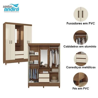 Guarda Roupa Solteiro 4 Portas Com Pés Capelinha Fit Jequitibá Off Acetinado - Santos Andirá