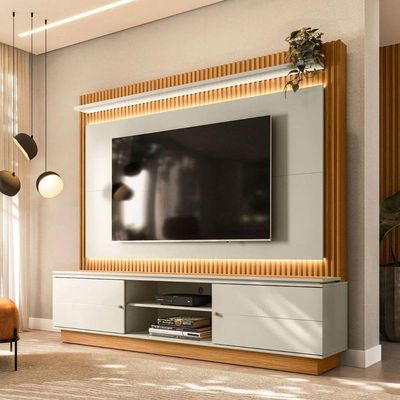 Kit Sofá Genebra 3 Lugares Com Estante Home Led Guararapes Café/nature/off White