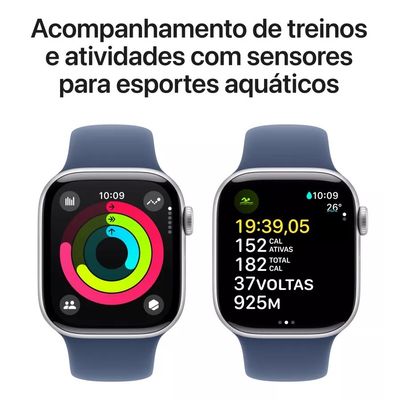 Apple Watch Series 10 (GPS 42 mm) Caixa Prateada em Alumínio com Pulseira Esportiva Azul (Denim)