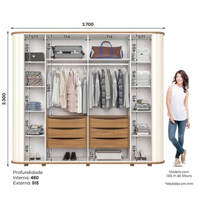 Guarda Roupa Casal Premium 6 Portas 6 Gavetas Pes Inclusos Off White Com Nature