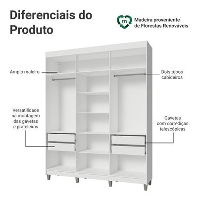 Guarda-roupa Closet Com Pés 4 Gavetas 180cm Branco Venus Madesa Branco