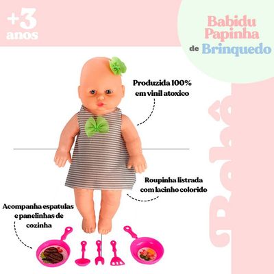 Boneca Babidu Papinha com Acessórios Cozinha Vinil Atóxico