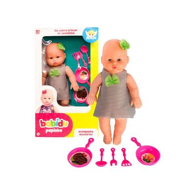 Boneca Babidu Papinha com Acessórios Cozinha Vinil Atóxico