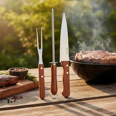 Kit 3 Peças Para Churrasco Açougue Faca Garfo Chaira Inox