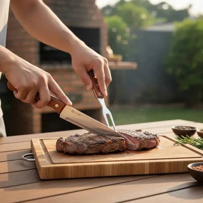 Kit 3 Peças Para Churrasco Açougue Faca Garfo Chaira Inox