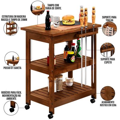 Kit 02 Carrinho De Churrasco Grade Mesa Tábua De Cortes Home W02 Madeira Maciça Imbuia - Lyam Decor