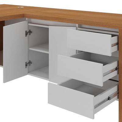 Mesa Para Escritório em L 180x190cm 2 Portas e 3 Gavetas Unik A02 Freijó Branco - Lyam Decor