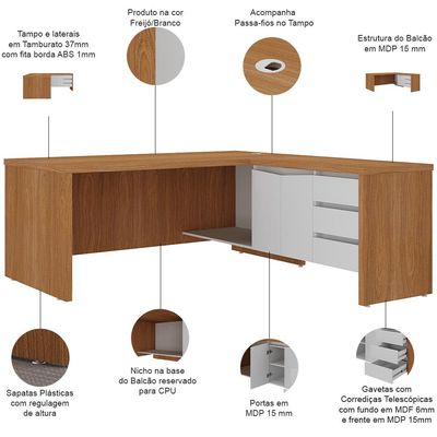 Mesa Para Escritório em L 180x190cm 2 Portas e 3 Gavetas Unik A02 Freijó Branco - Lyam Decor