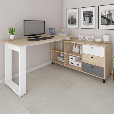 Mesa Escritório Home Office Escrivaninha 03 Gavetas 04 Nichos Next A02 Carvalho Branco - Lyam Decor