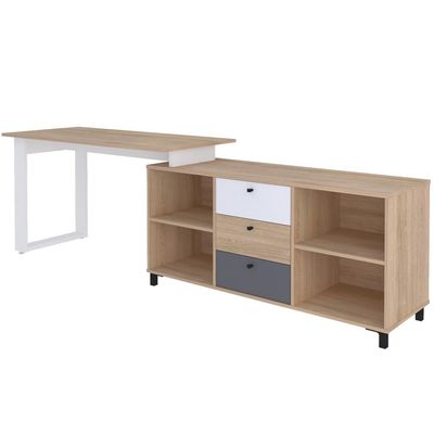 Mesa Escritório Home Office Escrivaninha 03 Gavetas 04 Nichos Next A02 Carvalho Branco - Lyam Decor