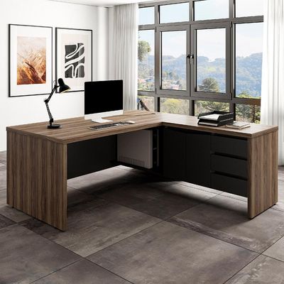 Mesa Para Escritório em L 180x190cm 2 Portas e 3 Gavetas Unik A02 Nogal Preto - Lyam Decor