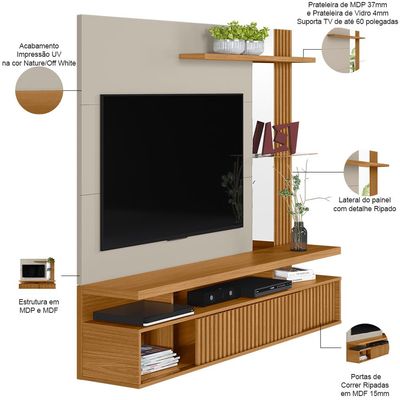 Painel para TV 60 Pol com Bancada Suspensa 182cm Mogi L05 Nature Off White - Lyam Decor