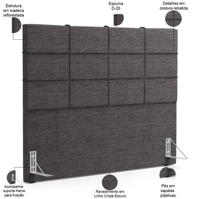 Kit Cabeceira Cama Box King 195cm com Calçadeira Roma W01 Linho Cinza Escuro - Lyam