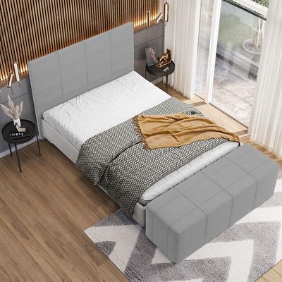 Kit Cabeceira Cama Box Casal 140cm com Calçadeira Roma W01 Suede Cinza - Lyam