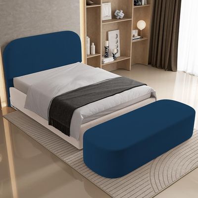 Cabeceira Cama Box King 195cm Lanna com Puff Recamier Doha W01  Suede Azul Marinho - Lyam Decor