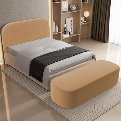 Cabeceira Cama Box King 195cm Lanna com Puff Recamier Doha W01  Bouclê Mostarda - Lyam Decor