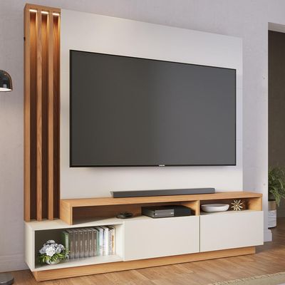 Estante Painel Para TV 65 Pol com LED Alencar C04 Off White Matte Freijó - Lyam Decor