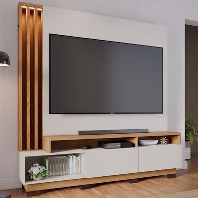 Estante Painel Para TV 65 Pol com LED Alencar C04 Off White Matte Freijó - Lyam Decor