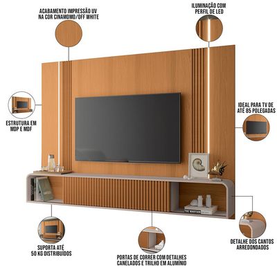 Painel Para TV 85 Pol com Bancada Suspensa e LED Zurick B01 Cinamomo Off White - Lyam Decor