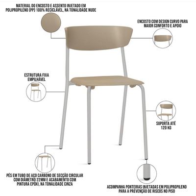 Kit 02 Cadeiras Empilhável Fixa Atom F02 Base Aço Cinza Nude - Lyam Decor