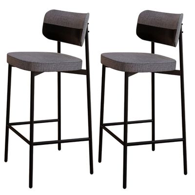 Kit 02 Banquetas Alta Bar Cozinha Sala De Jantar Aço Preto Kaira C01 Linho Cinza Courino Preto - Lyam Decor