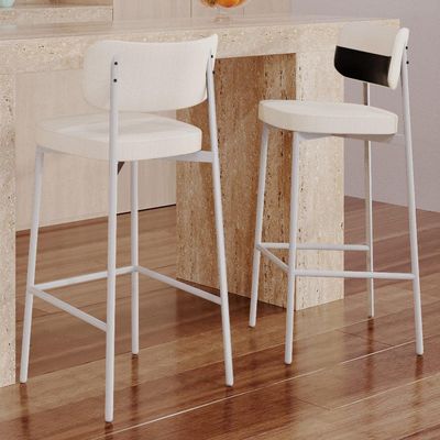 Kit 06 Banquetas Alta Bar Cozinha Sala De Jantar Aço Branco Kaira C01 Linho Palha Courino Preto - Lyam Decor